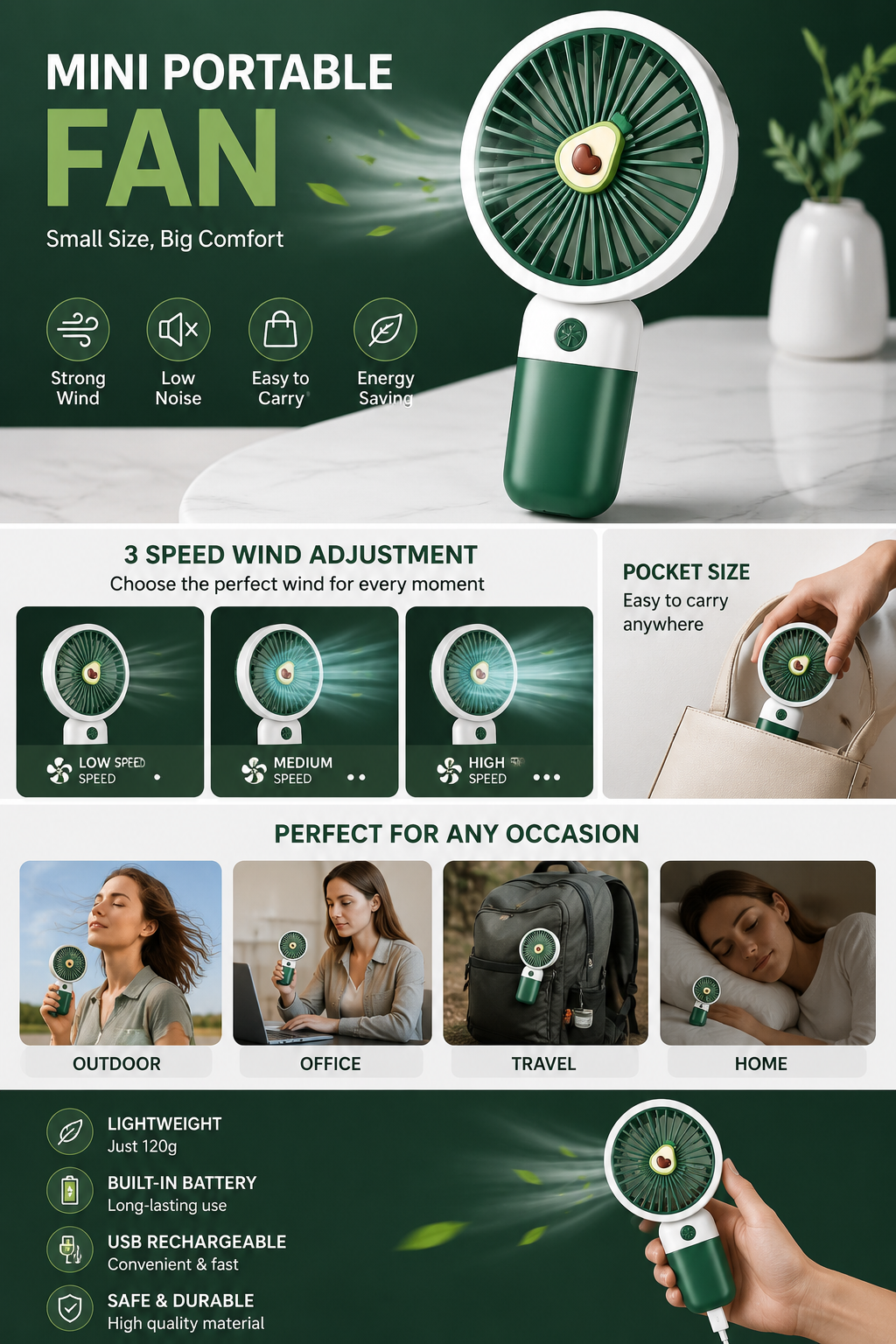 Mini Portable USB Rechargeable Fan – Compact, Quiet & Powerful Cooling