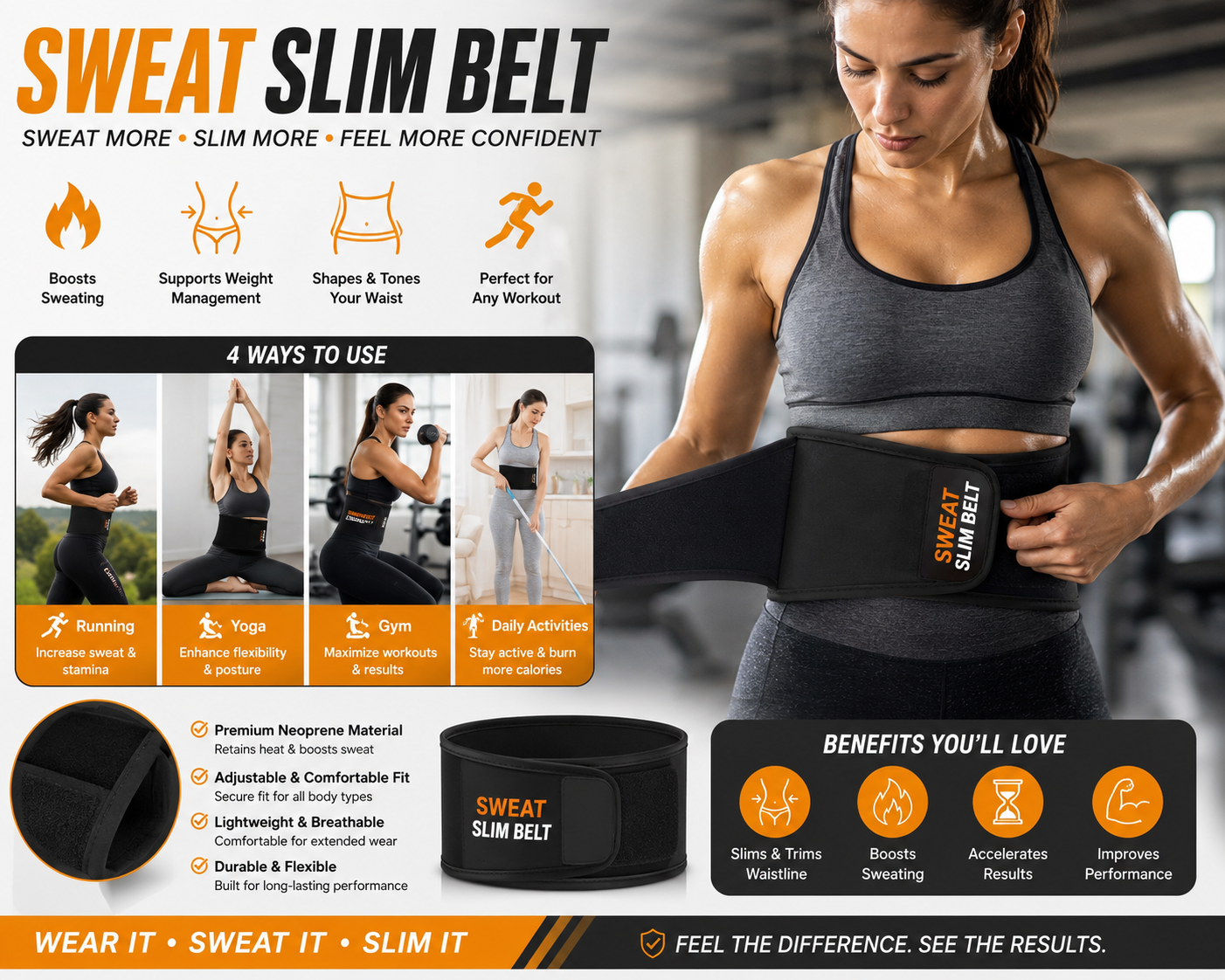 Sweat Slim Belt – Adjustable Waist Trainer for Men & Women | Workout Support Belt