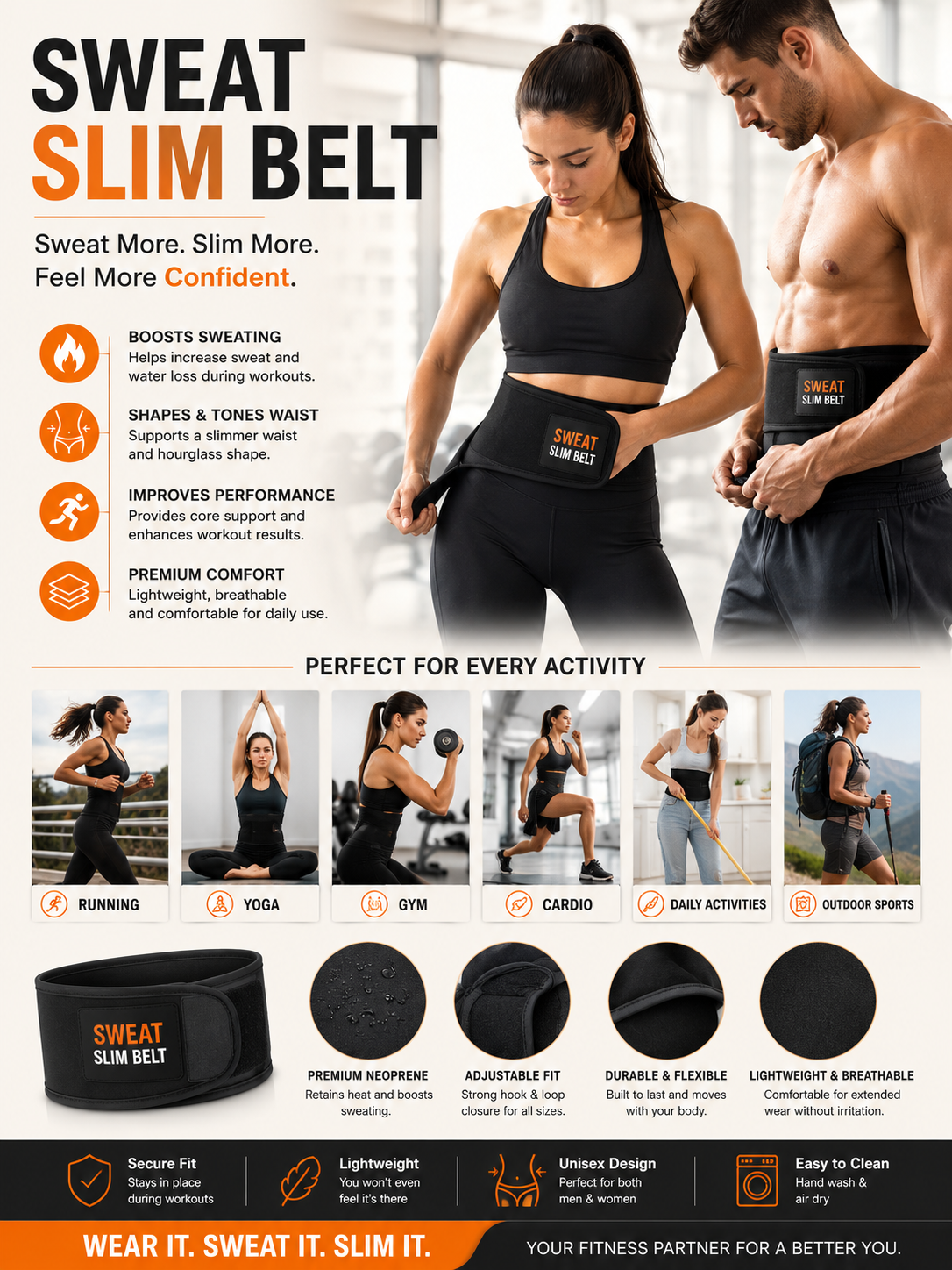 Sweat Slim Belt – Adjustable Waist Trainer for Men & Women | Workout Support Belt