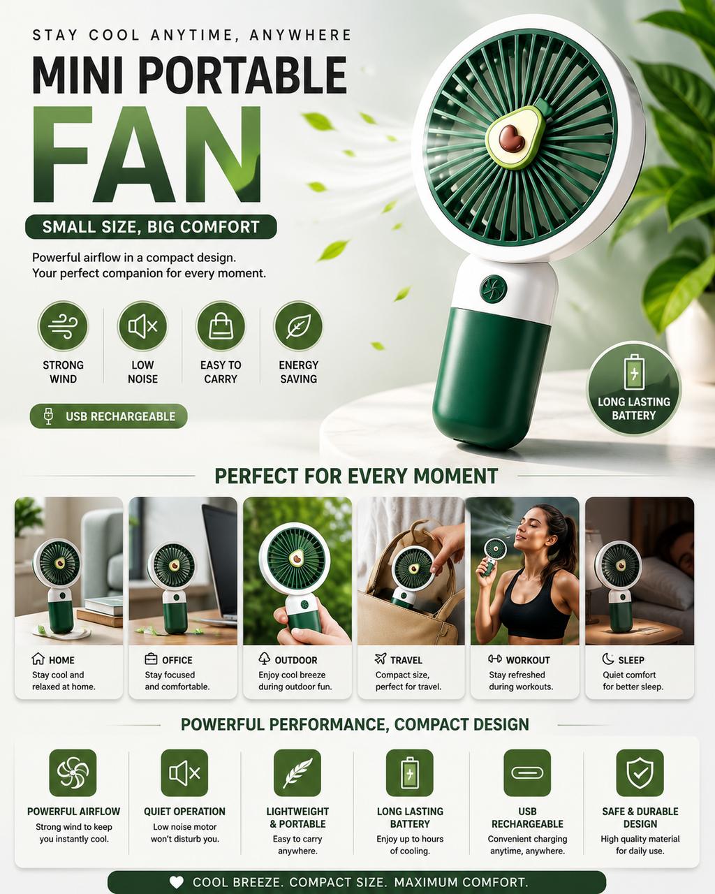 Mini Portable USB Rechargeable Fan – Compact, Quiet & Powerful Cooling