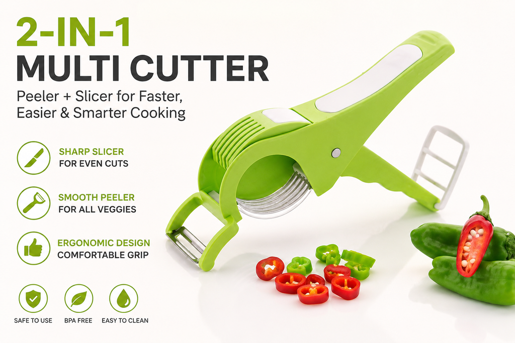 2-in-1 Vegetable & Fruit Multi Cutter with Peeler – Handheld Kitchen Chopper for Fast, Easy Slicing
