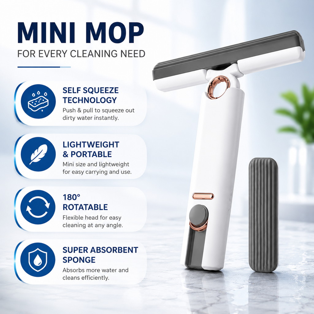 Mini Mop for Kitchen, Floor, Glass, Car & More - 2 Sponges, Self Squeeze, Strong Absorbent, Wet & Dry Use, Multicolour, ABS & Sponge Material