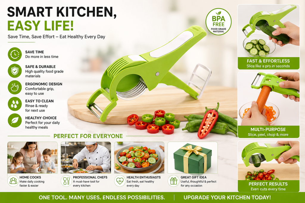 2-in-1 Vegetable & Fruit Multi Cutter with Peeler – Handheld Kitchen Chopper for Fast, Easy Slicing