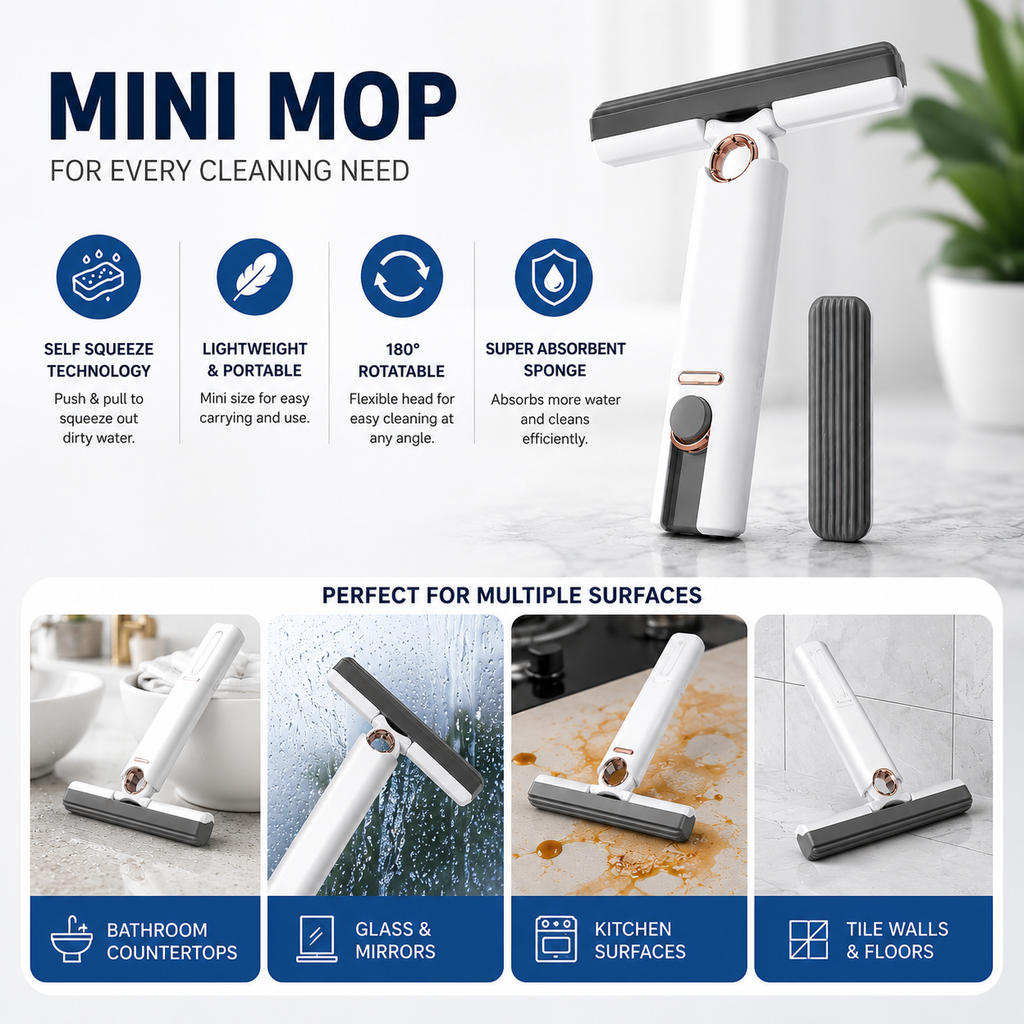 Mini Mop for Kitchen, Floor, Glass, Car & More - 2 Sponges, Self Squeeze, Strong Absorbent, Wet & Dry Use, Multicolour, ABS & Sponge Material